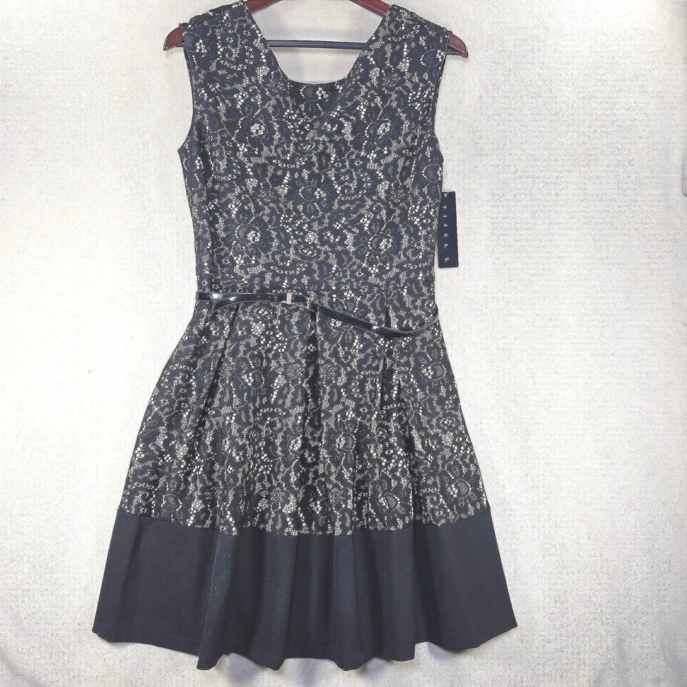 Tiana B Womens NWT Black Nude Lace Belted Fit Flare Cocktail Dress 10